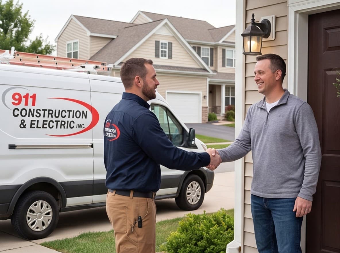 911 Construction & Electric technician shaking hands with a homeowner beside the company van
