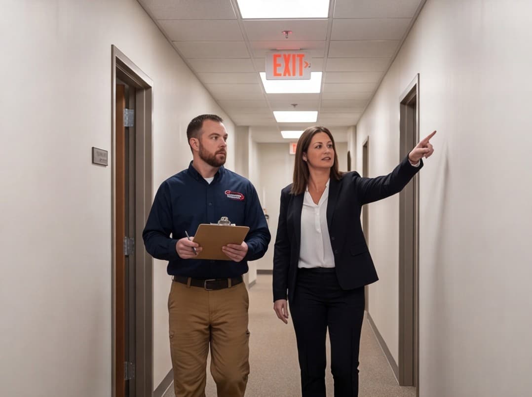 911 Construction & Electric electrician walking a client through a commercial building