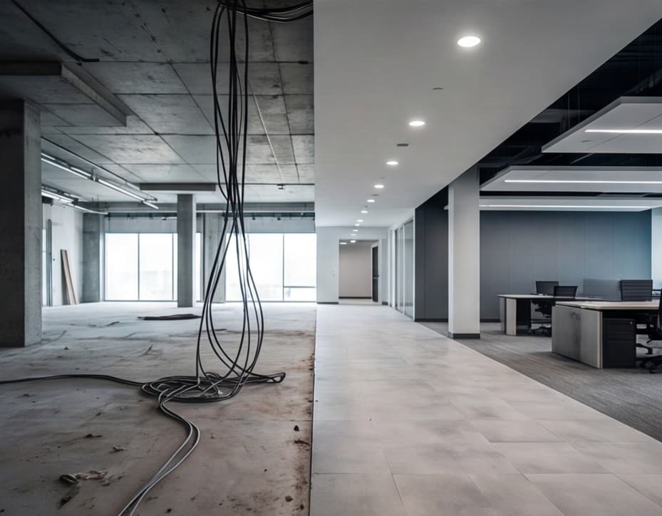 Commercial office electrical build-out with recessed lighting and cabling