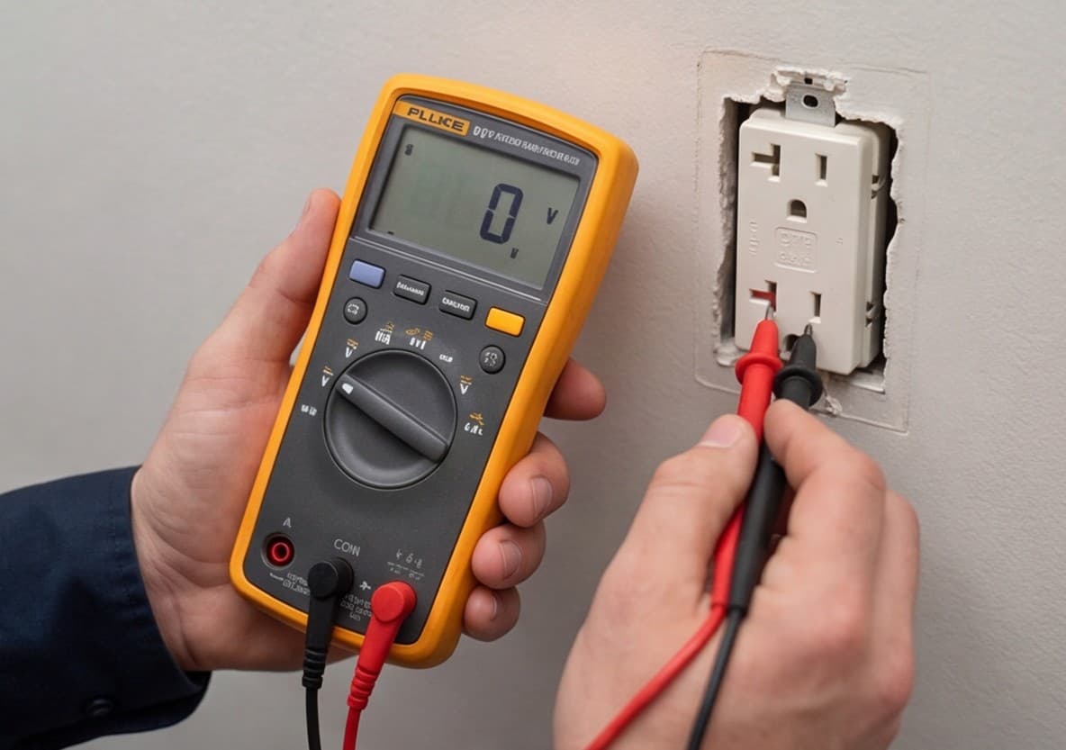 Electrician troubleshooting a wall outlet with a multimeter