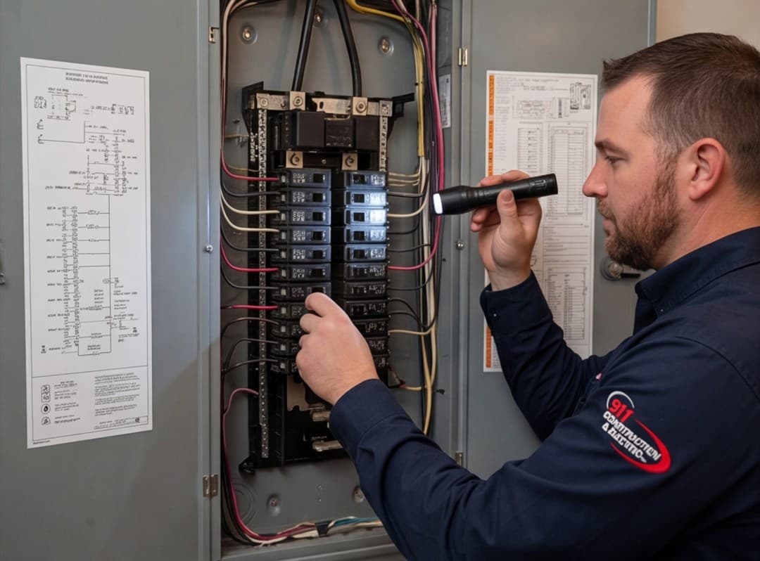 Electrician inspecting an electrical panel against the wiring schematic with a flashlight