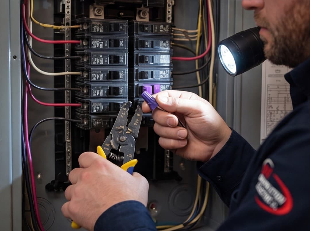 Electrician repairing breaker panel wiring with strippers and a wire connector