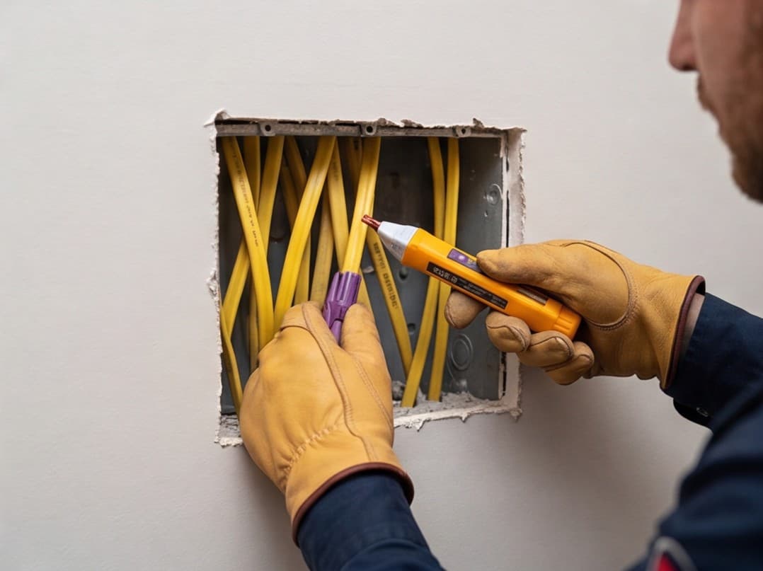 Electrician checking rough-in wiring with a non-contact voltage tester