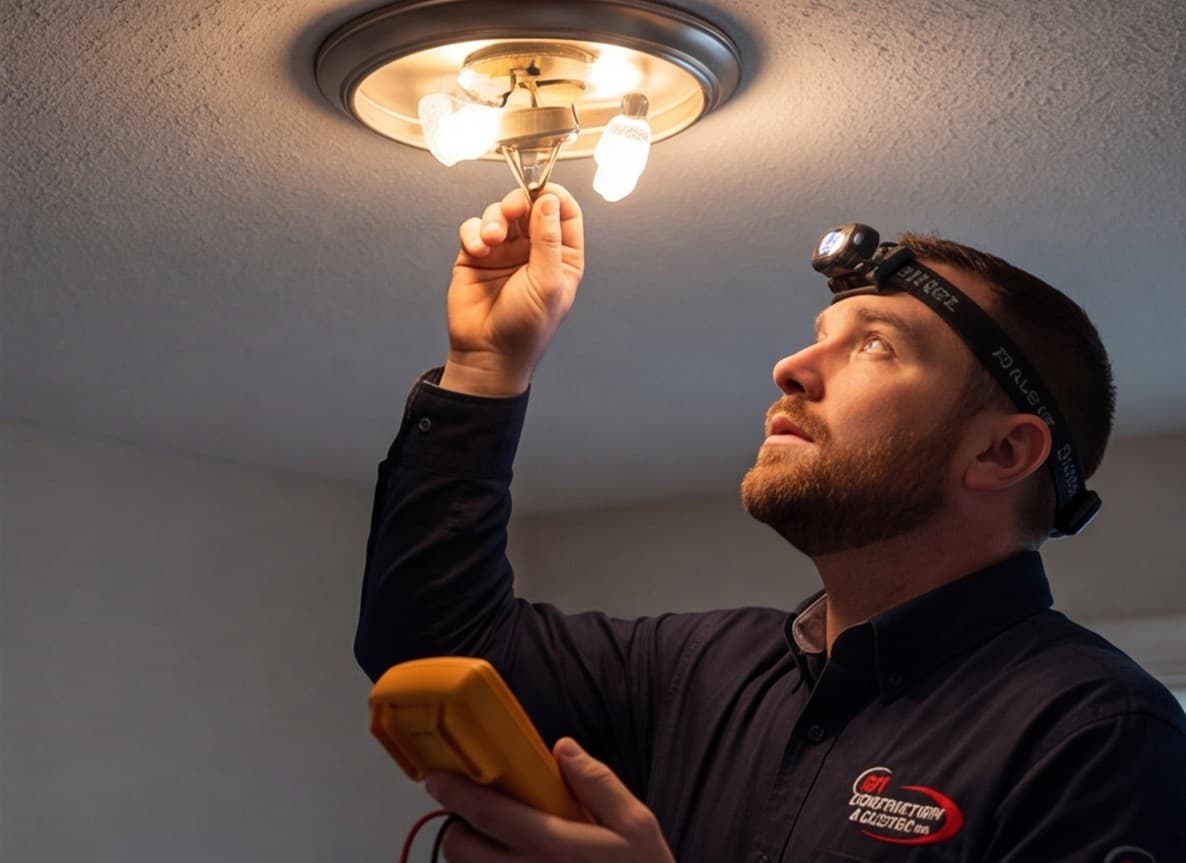 Electrician replacing a ceiling light fixture using a headlamp and meter