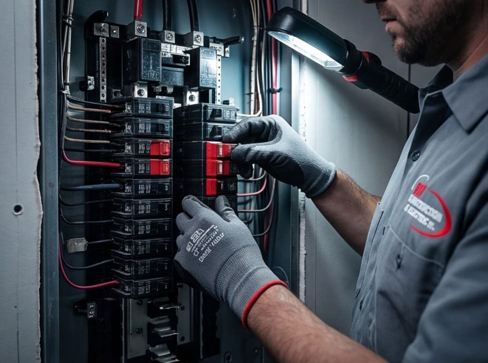 Emergency electrician servicing an electrical panel by flashlight