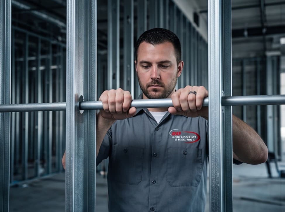 911 Construction & Electric electrician running conduit through metal framing on a new build