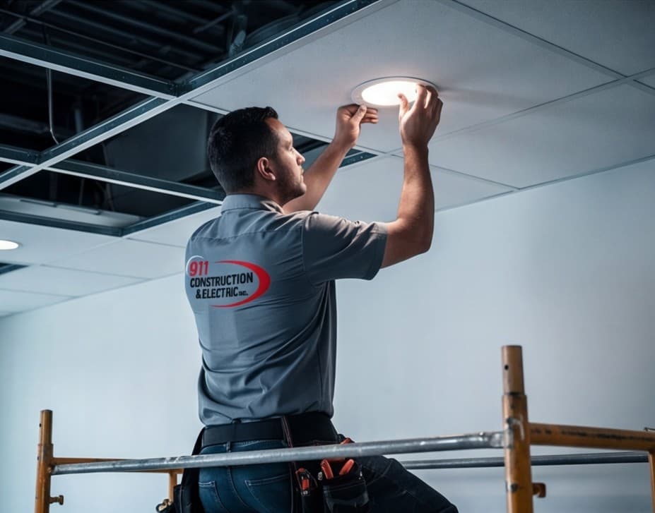 Electrician installing a recessed ceiling light from a scaffold