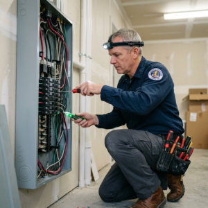 Licensed electrician performing a pre-purchase electrical inspection on a home electrical panel in Los Angeles