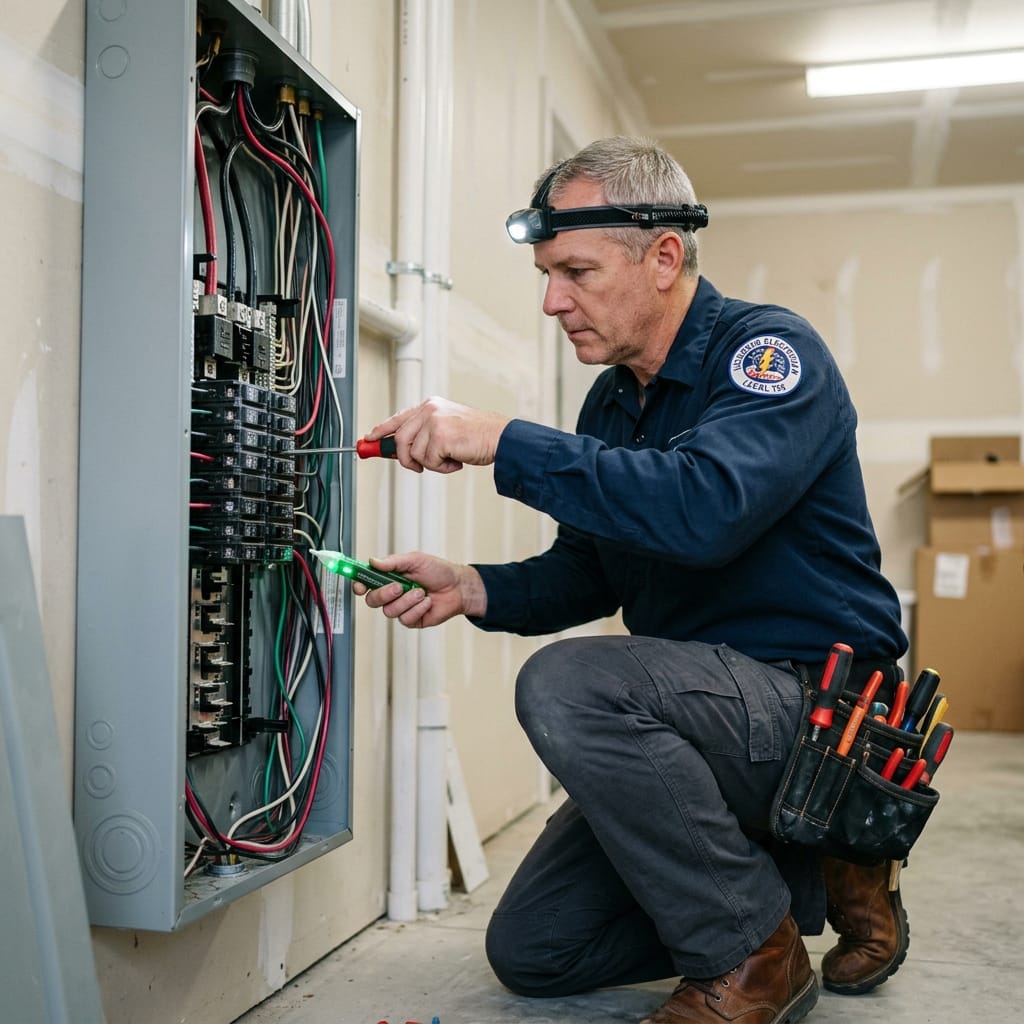 Licensed electrician performing a pre-purchase electrical inspection on a home electrical panel in Los Angeles