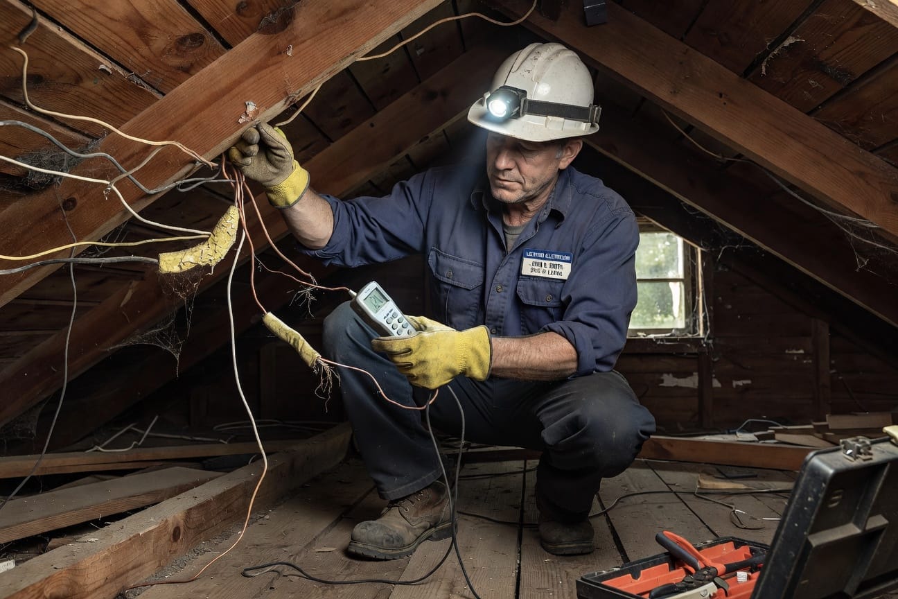 Electrician inspecting old loose wiring in home attic